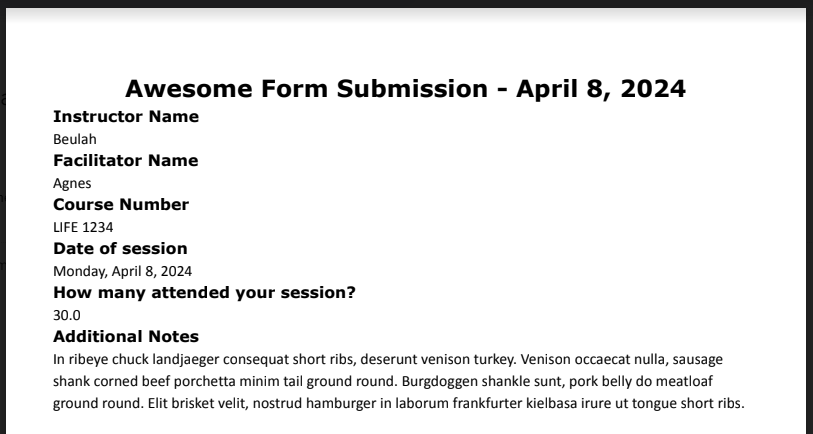 Screen snip of a dynamically generated PDF from Google Form submission